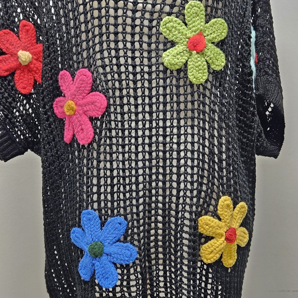 Crochet Mesh Knit Top XL Colorful Floral Appliques Short Sleeve Festival Boho - Picture 11 of 14